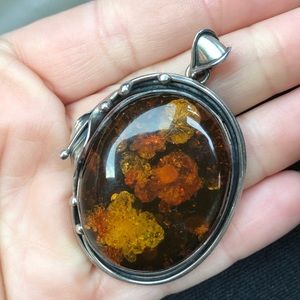Sterling Natural Amber Pendant with Fish Scales